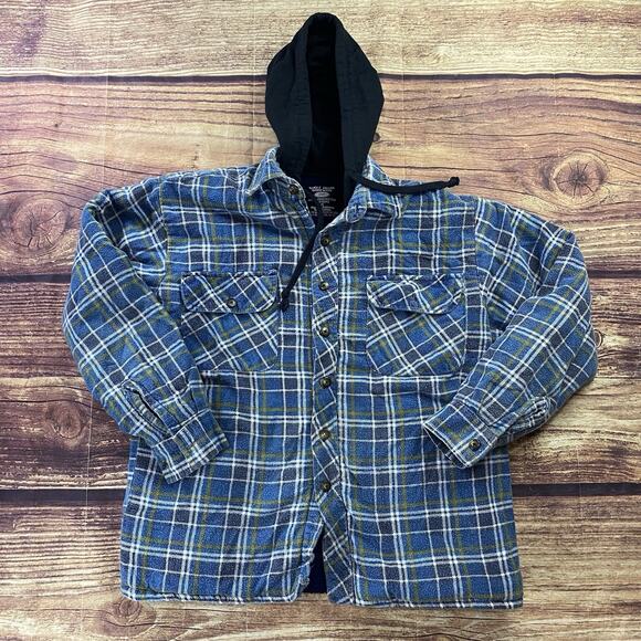 Grit Iron Tops - Grit Iron Workwear M Button Up Sherpa Lined Flannel Hooded Jacket Blue